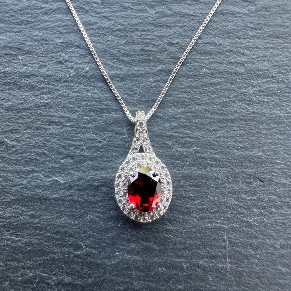 GARNET WITH LAB-CREATED WHITE SAPPHIRE STERLING SILVER PENDANT NECKLACE. - Picture 1 of 6